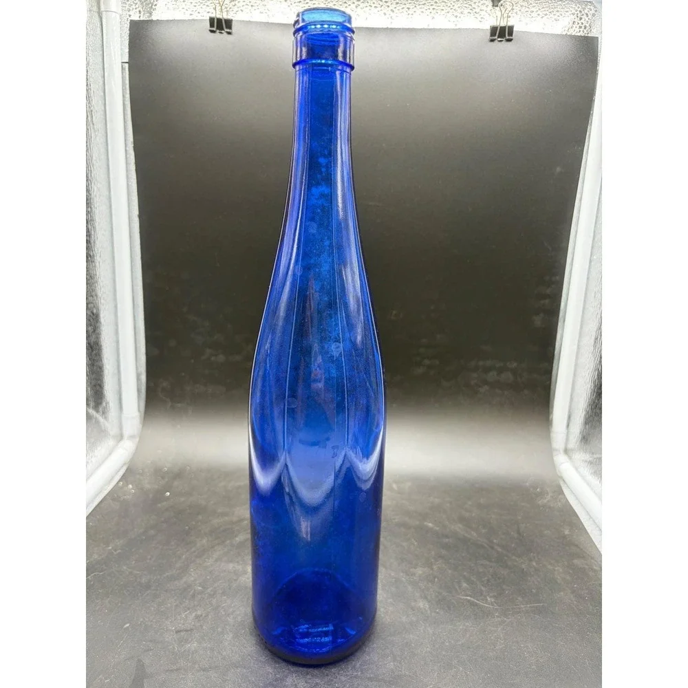 Vintage Cobalt Blue Glass Wine Bottle Tall Ribbed Decorative Vase 13.5 Inch